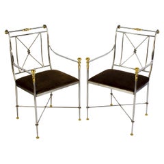 Vintage Pair of Italian Steel and Brass Armchairs Signed Orlandi, 1970s