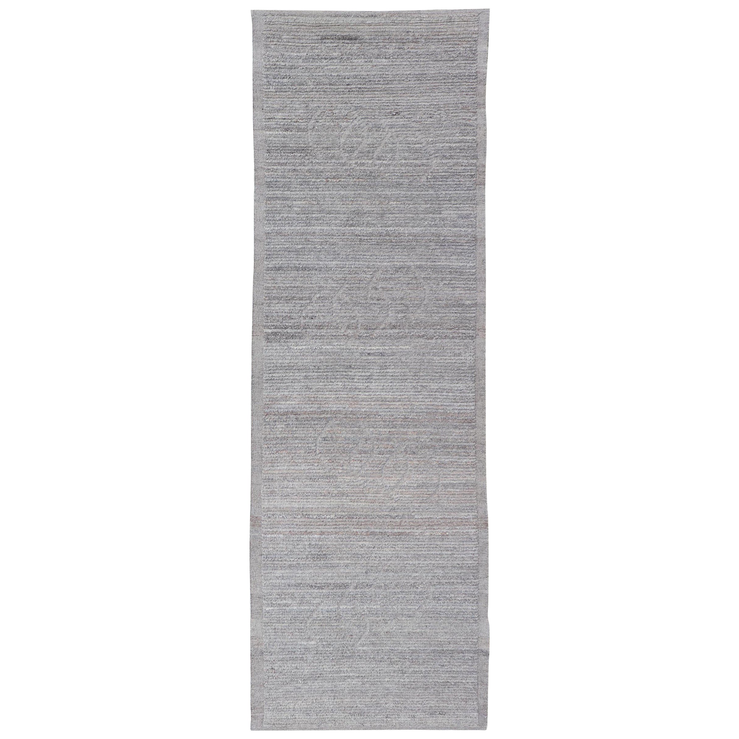 Modern Casual Runner Hand Knotted in Neutral Tones with Shades of Grey For Sale