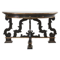 Table console italienne de style baroque en demi-lune ébénisée