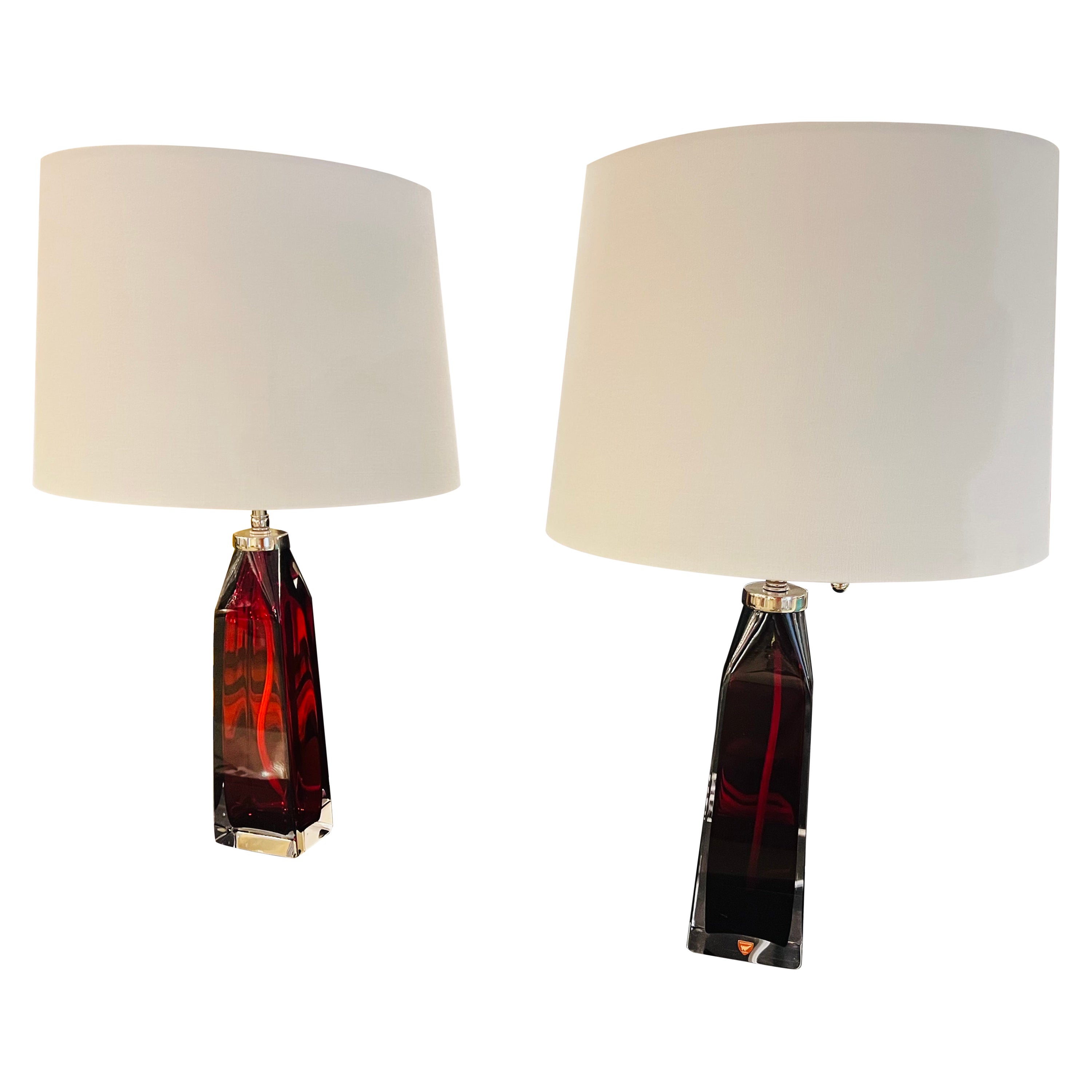 Pair of Orrefors 1960s Swedish Ruby Red Crystal Table Lamps For Sale