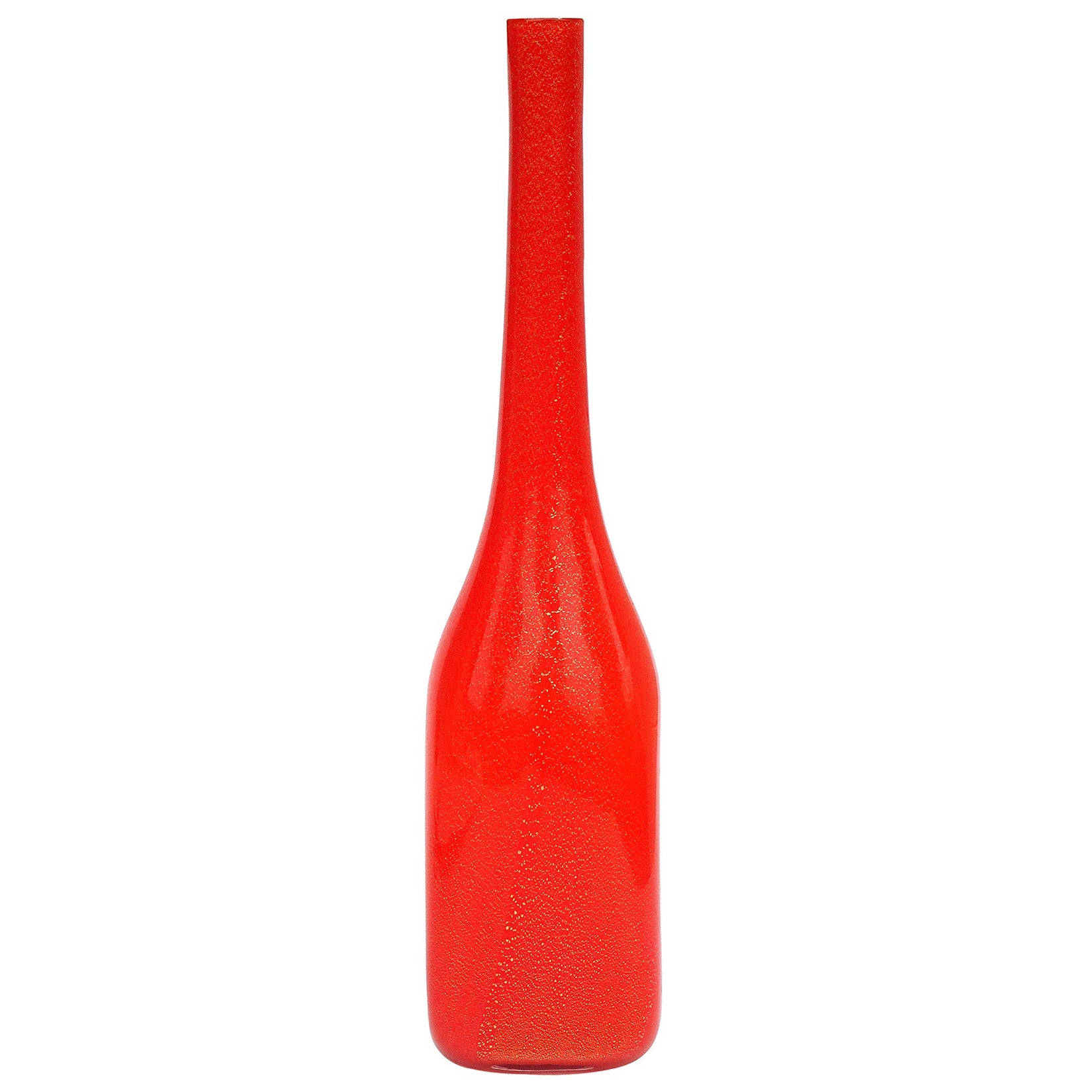 Fratelli Toso Murano Orange Gold Flecks Italian Art Glass Bottle Flower Vase For Sale