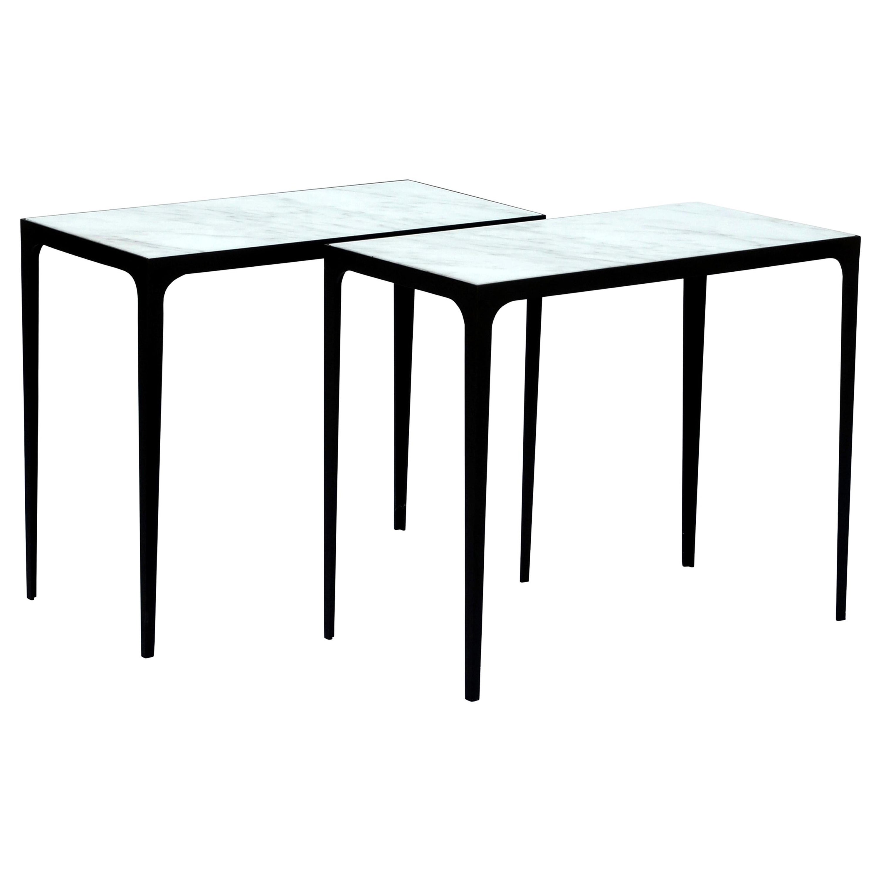 Pair of 'Esquisse' Wrought Iron and Marble Side Tables by Design Frères