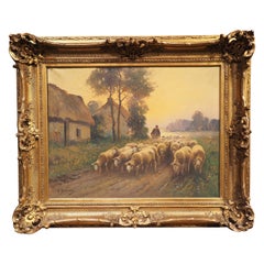 Antique French Oil Painting, The Return of the Flock at Sunset, by Derians
