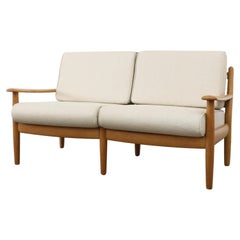 Wilhelm Knoll Oak Loveseat with Rounded Edges & Cream Cushions, Germany, 1960's