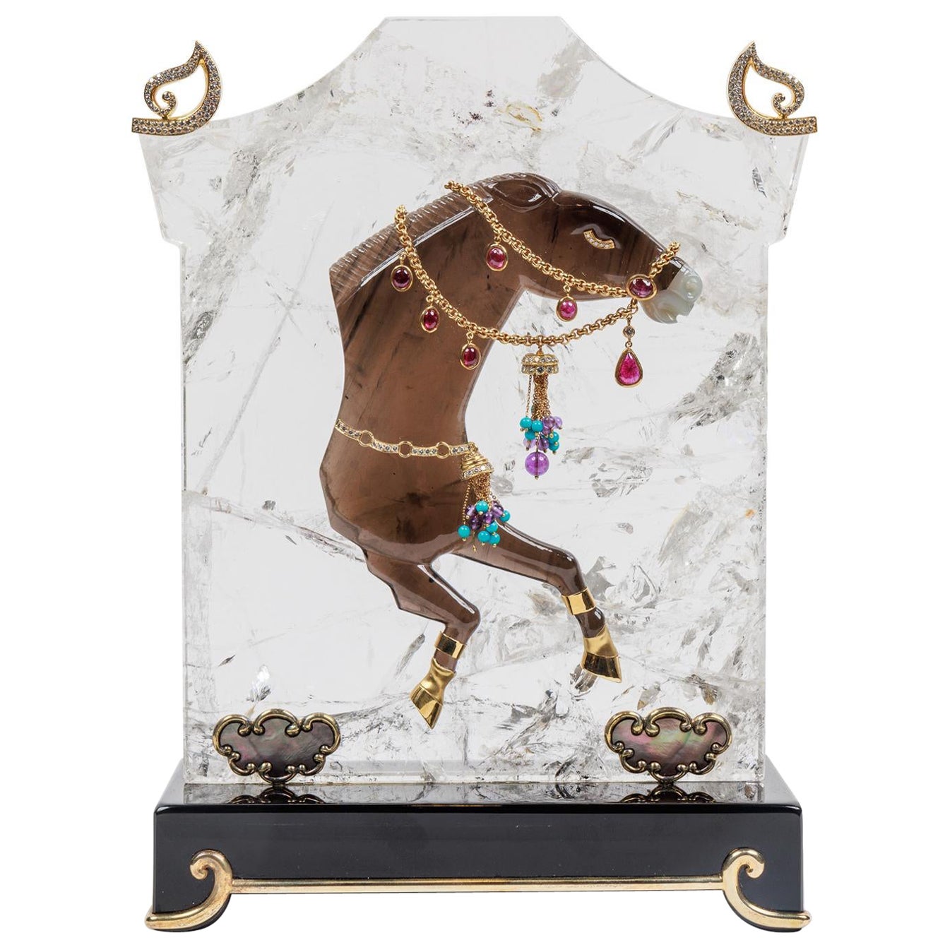 Französisches geschnitztes Pferd aus Gold, Diamanten, Silber und Rauchquarz von Mellerio Paris