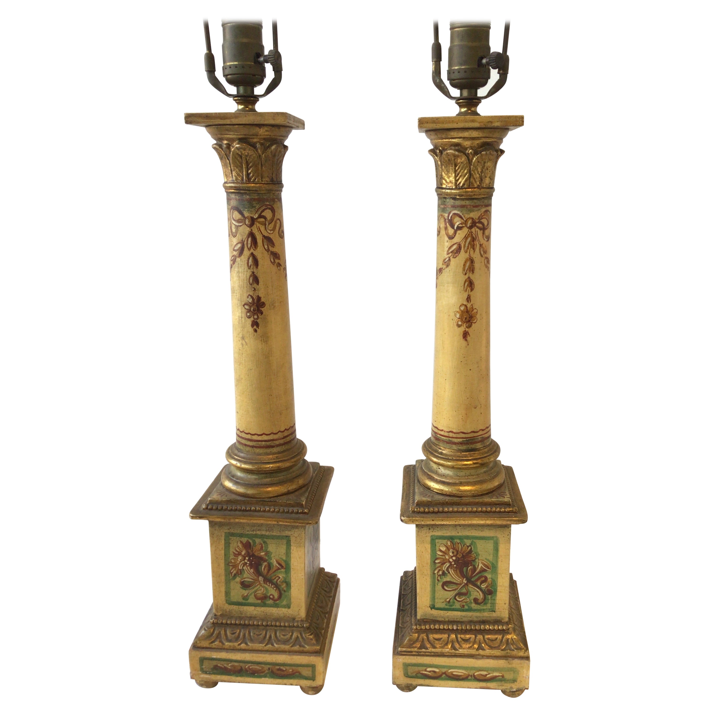 Pair of 1950s Italian Hand Painted Column Lamps For Sale