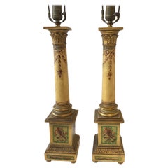 Pair of 1950s Italian Hand Painted Column Lamps