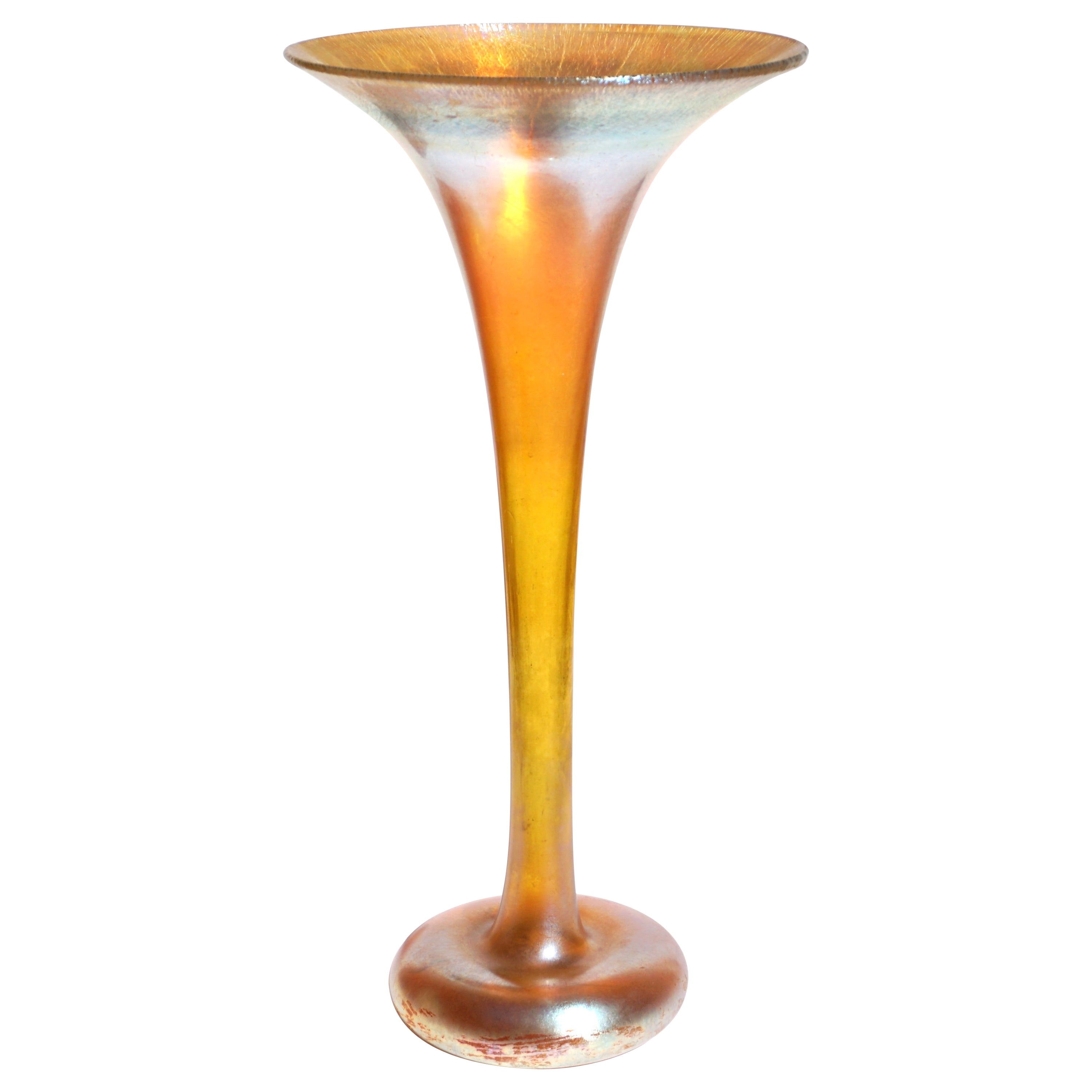 Large Tiffany Studios Gold Favrile Trumpet Vase For Sale