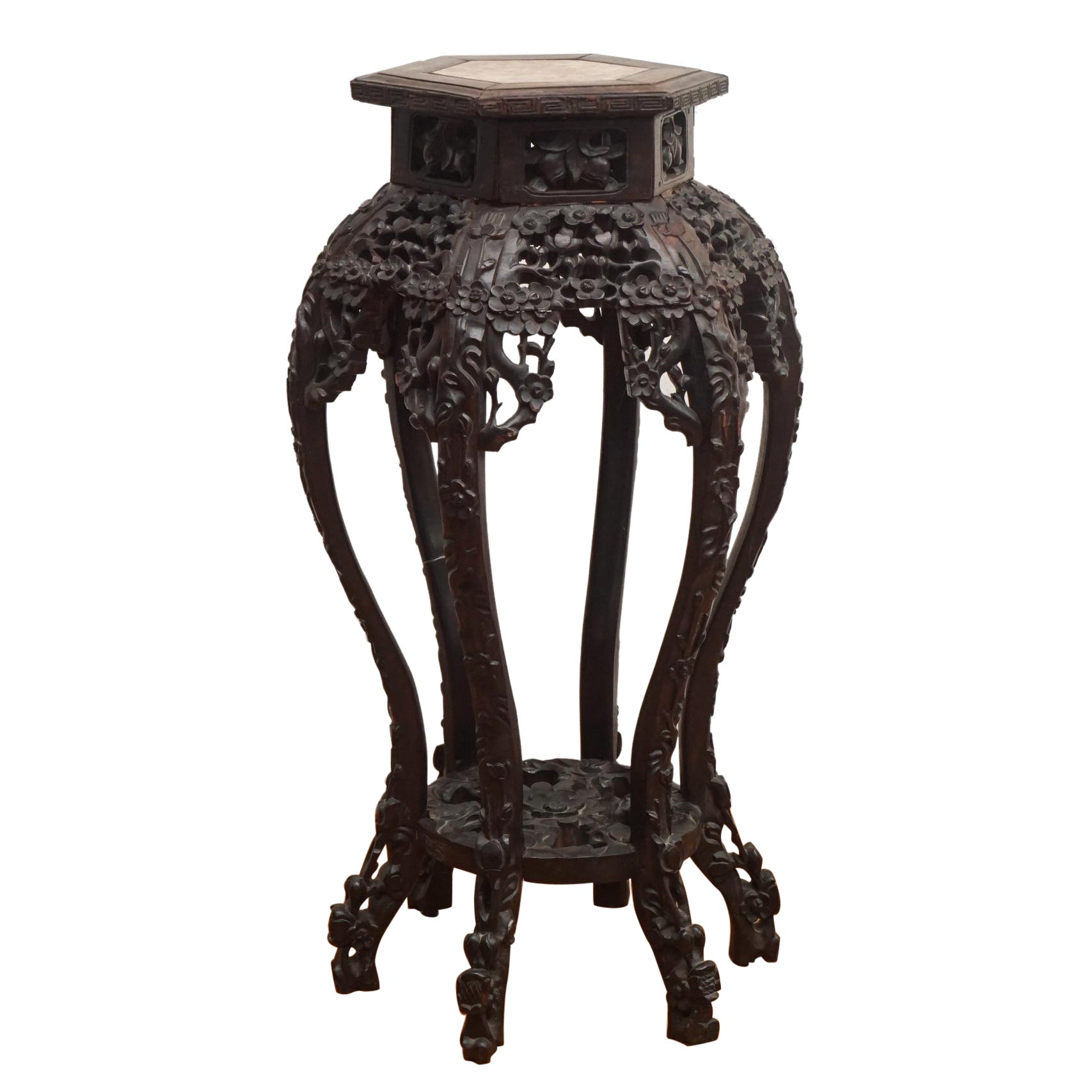 19th Century Chinese Carved Rosewood Plant Stand with Marble Inset For Sale