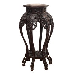 Antique 19th Century Chinese Carved Rosewood Plant Stand with Marble Inset