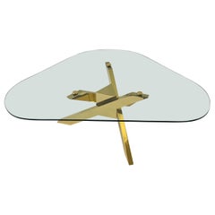 Vintage Triangular Shape Glass and Brass Tripod Coffees Table