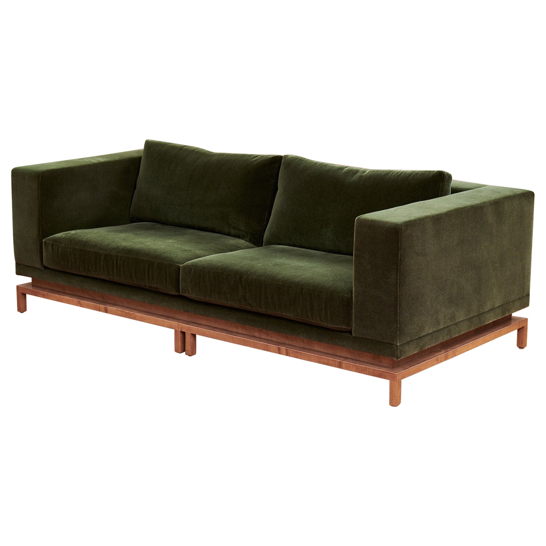 Custom Contemporary Sofa Green Mohair Walnut Base Gil Melott Bespoke For Sale