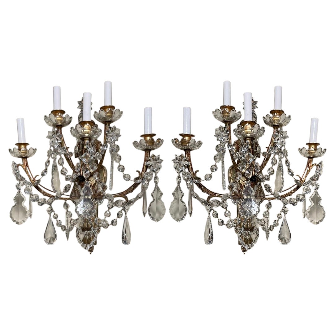 Pair Antique French Crystal and Gold Bronze Five-Light Sconces, Circa 1890-1910