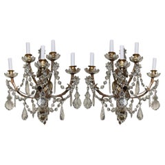 Pair Antique French Crystal and Gold Bronze Five-Light Sconces, Circa 1890-1910