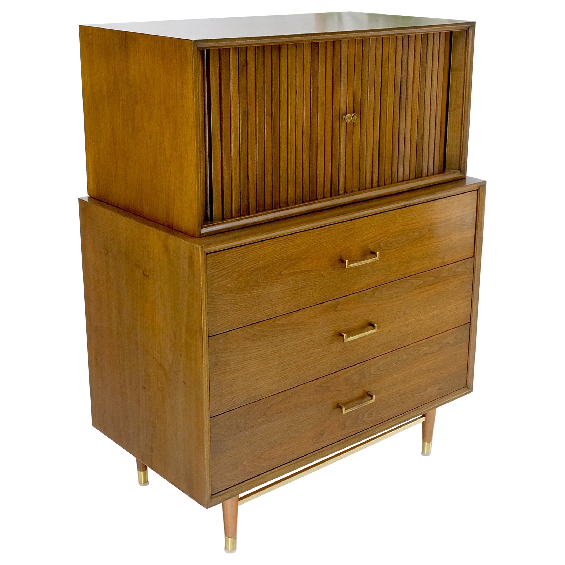 American Walnut Two Part Dresser High Chest W Tambour Door Compartment Mint! For Sale