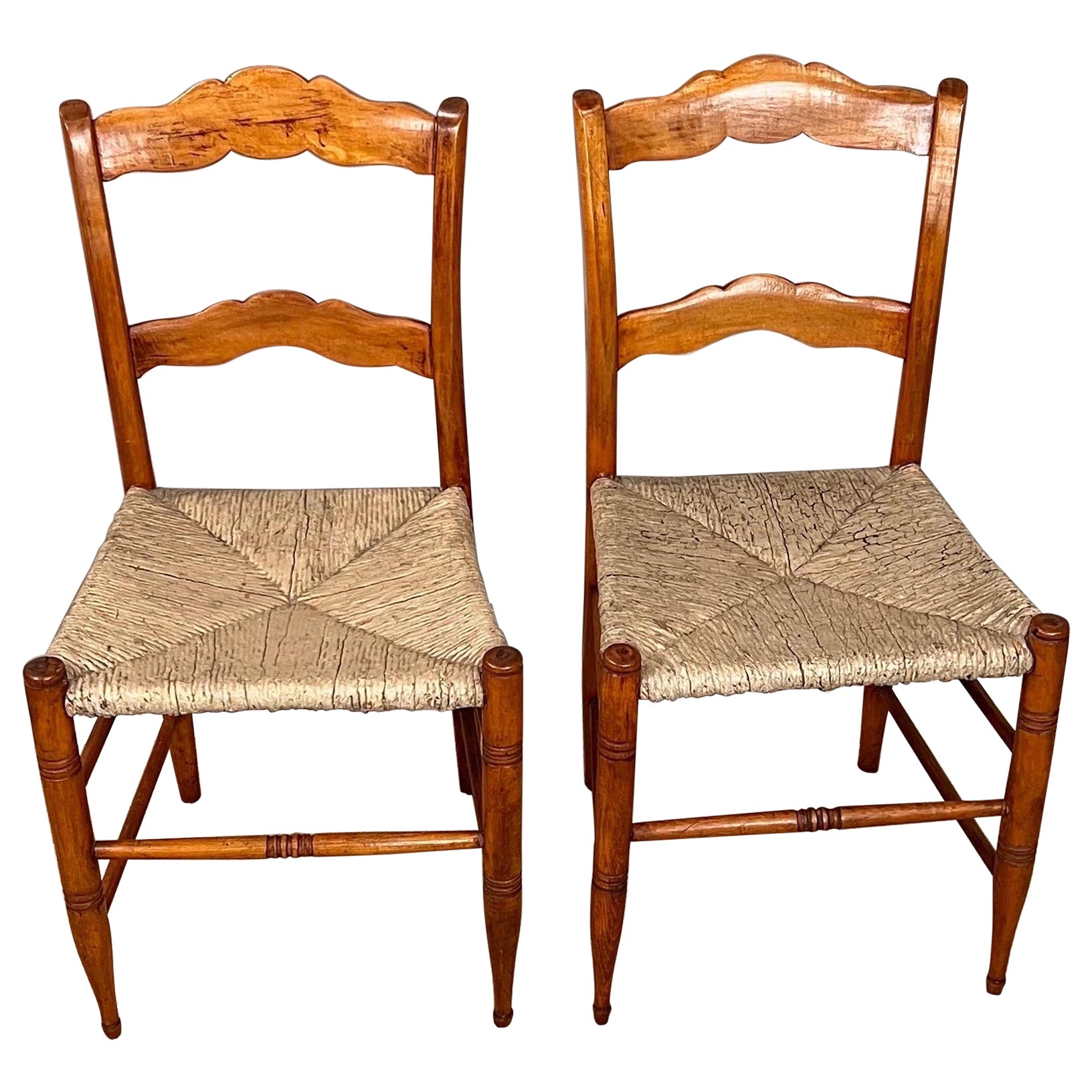Pair of 19th Century Maple Side Chairs with Rush Seats For Sale
