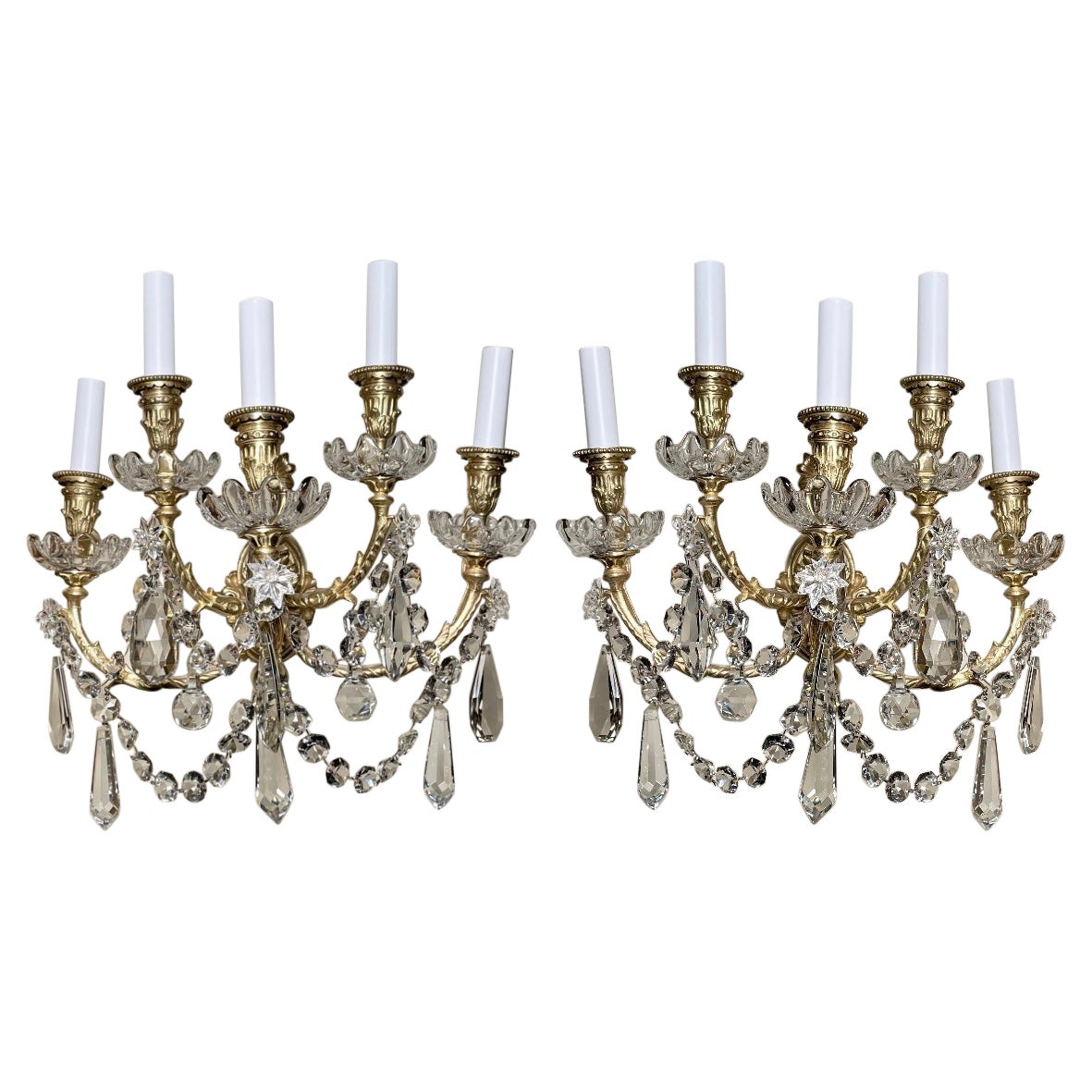 Pair Antique French Ormolu Bronze & Baccarat Crystal 5 Light Sconces, Circa 1890 For Sale