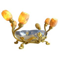 Gustave Keller Jardiniere mit Alabaster Tulpen Albert Cheuret-Lampen, Jugendstil