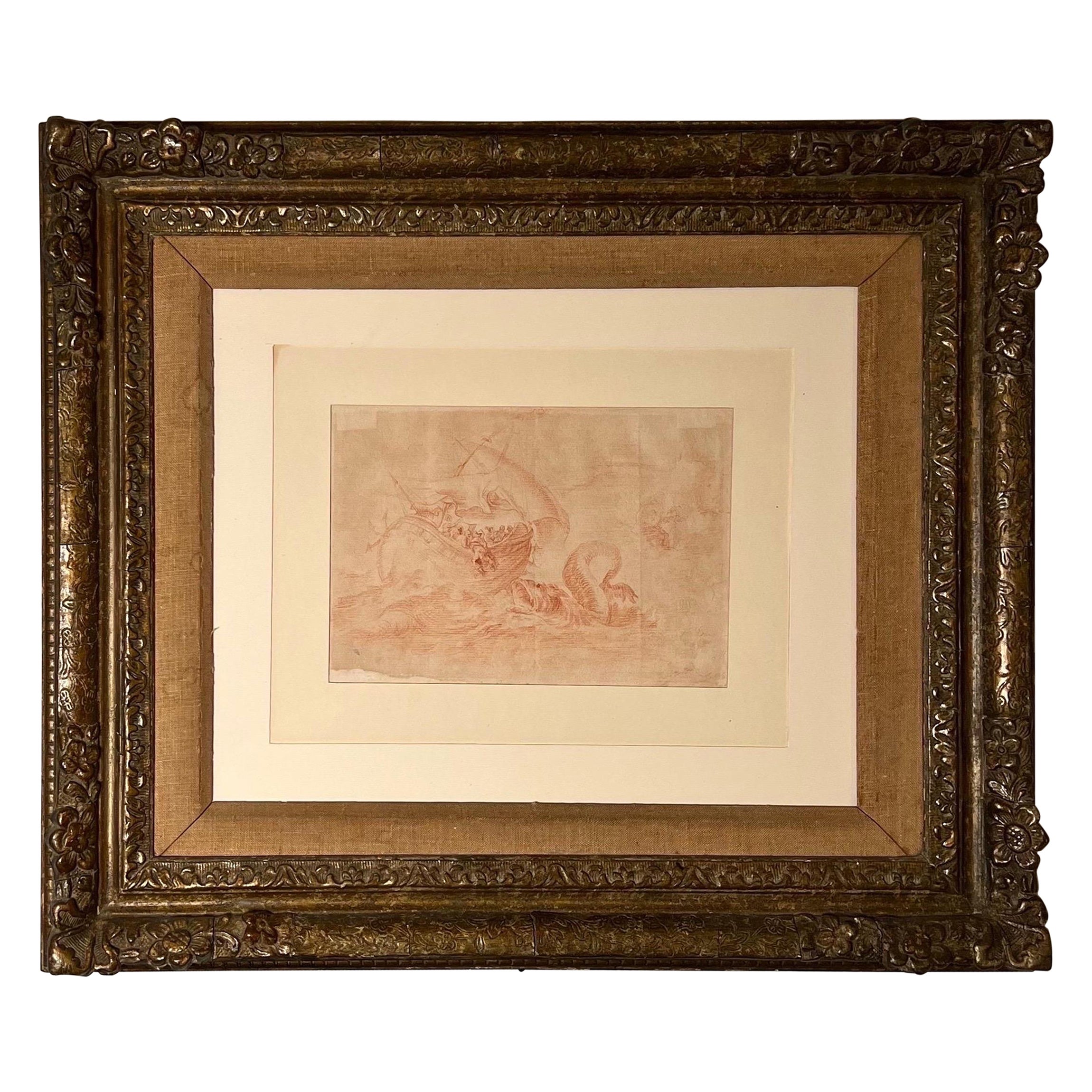 Serpent & Galleon, Red Chalk on Paper in GiltWood Frame