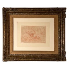 Antique Serpent & Galleon, Red Chalk on Paper in GiltWood Frame