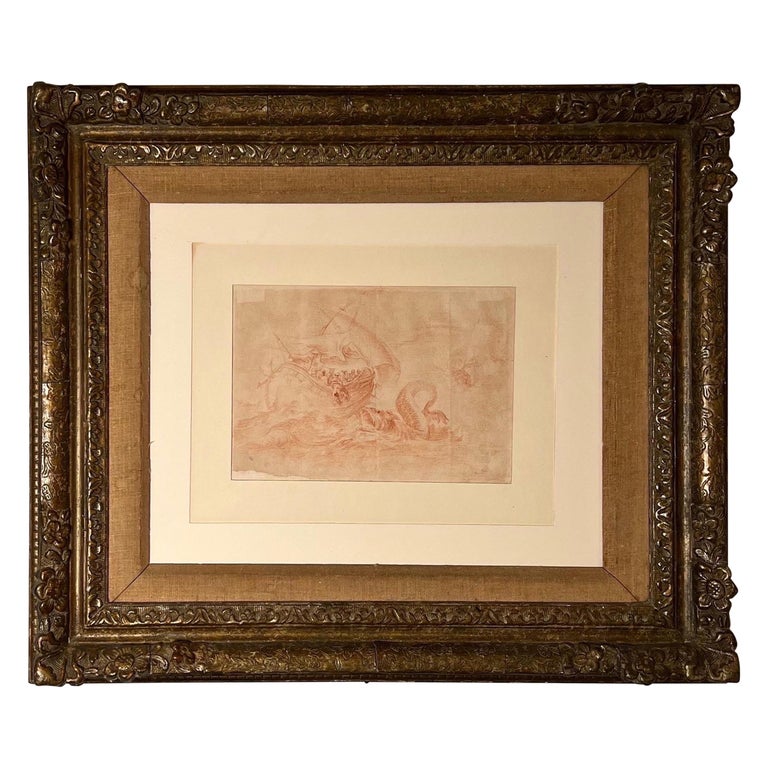 Serpent & Galleon, Red Chalk on Paper in GiltWood Frame For Sale