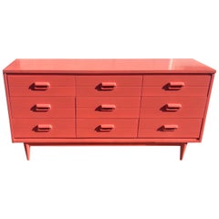 Mid-Century Modern Pink Salmon Lacquered 9 Drawer Dresser