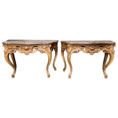 Antique Pair of 18th Century French Louis XV Consoles with Marble Tops