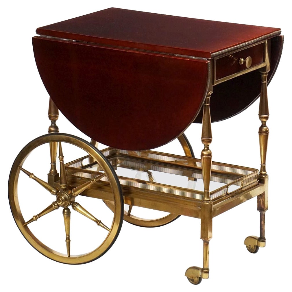 Belgian Drop-Leaf Rolling Drinks Cart of Mahogany and Bronze