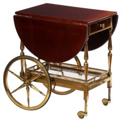 Vintage Belgian Drop-Leaf Rolling Drinks Cart of Mahogany and Bronze
