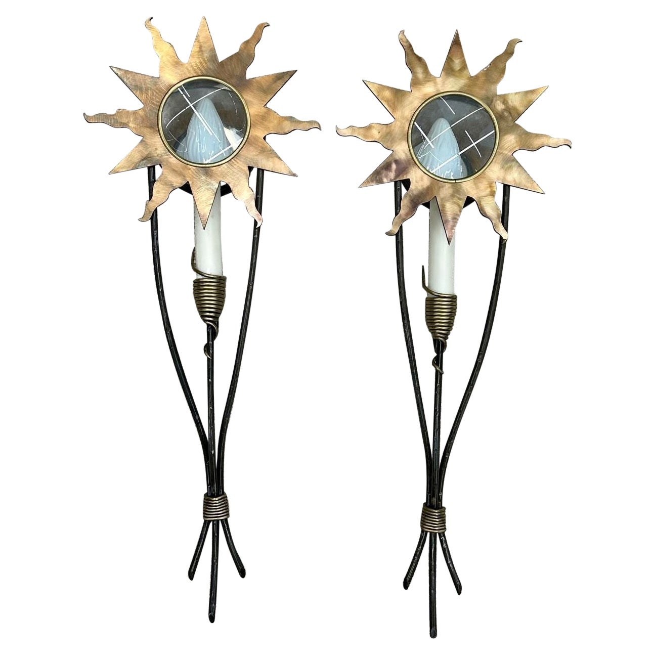 French Mid Century Modern, Olympia Star Sconces, Hammered Brass, Copper, 1960s For Sale