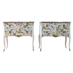 Pair of Gustavian Style Commode in Antique White with Exotic Birds Design and Na