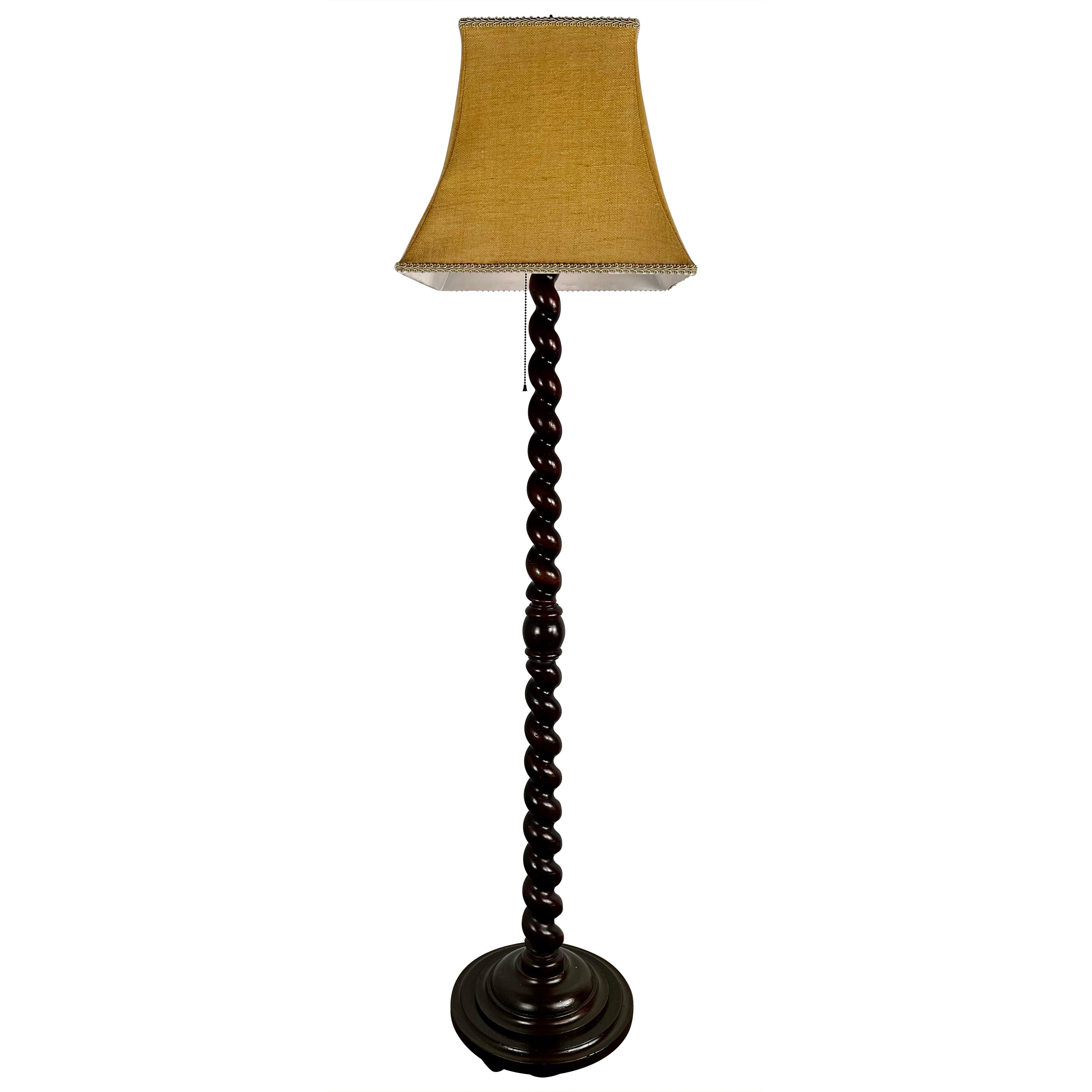 English Twisted Barley Standing Lamp with Natural Shade For Sale
