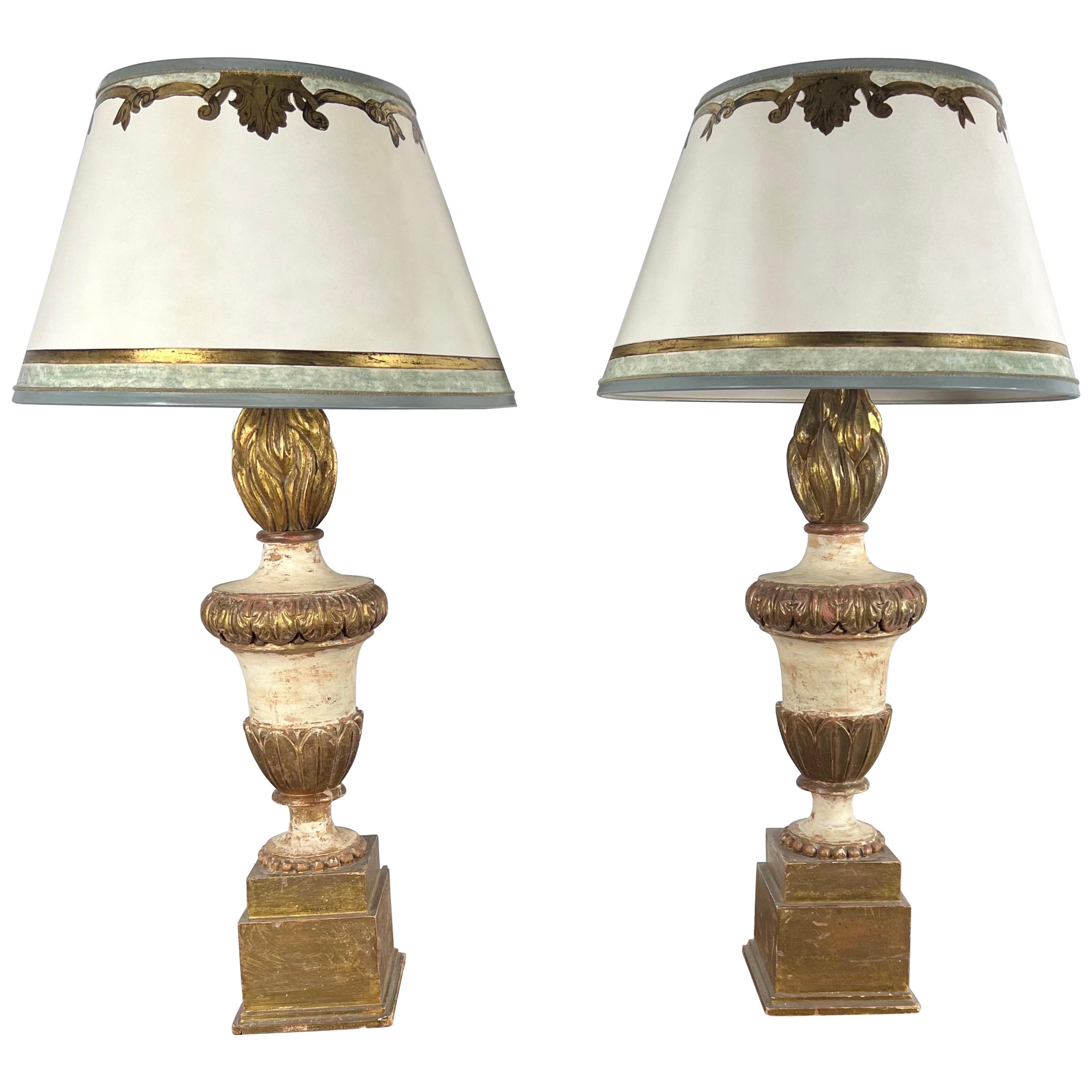 Pair of Painted & Parcel Gilt Carved Flame Lamps w/ Parchment Shades For Sale