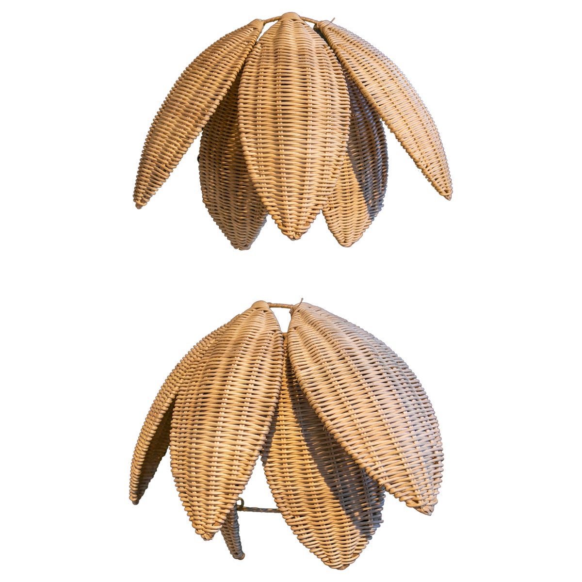 Pair of Spanish Handmade Woven Wicker Wall Lamps with Palm Form For Sale