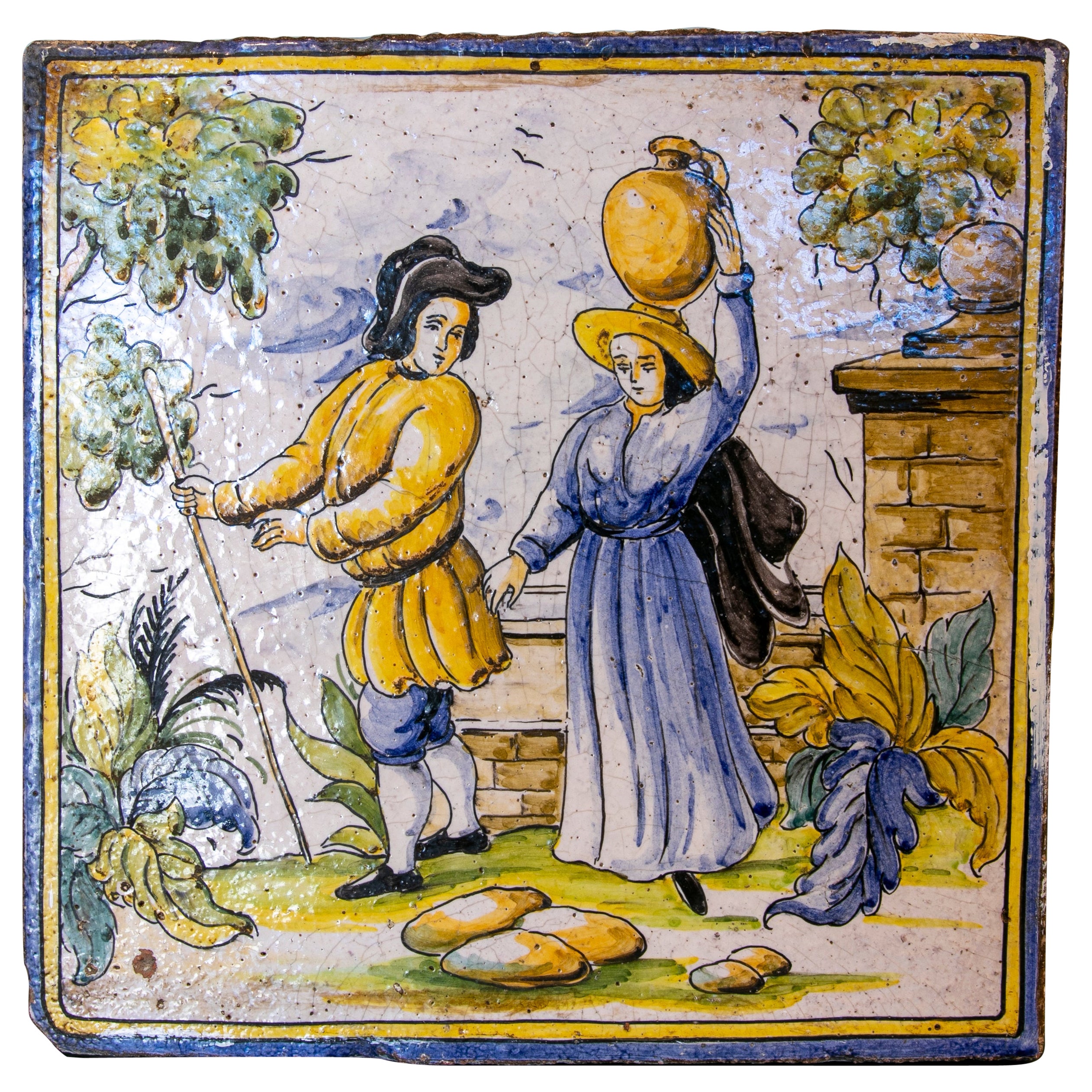 1970s Spanish Hand Painted Glazed Ceramic Tile with People Scene For Sale