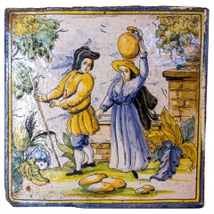 Retro 1970s Spanish Hand Painted Glazed Ceramic Tile with People Scene