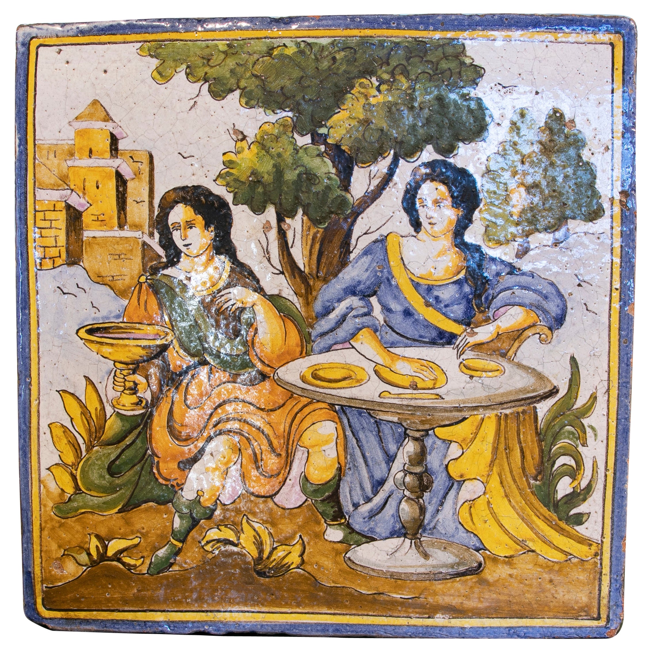 Azulejo español de cerámica esmaltada pintado a mano de los años 70 con escena de personas