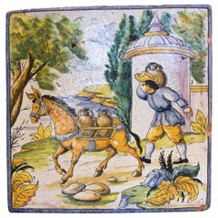 1970s Spanish Hand Painted Glazed Ceramic Tile with People Scene
