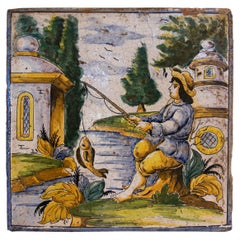 Tile en céramique émaillée peint à la main avec scène de personnes, Espagne, années 1970