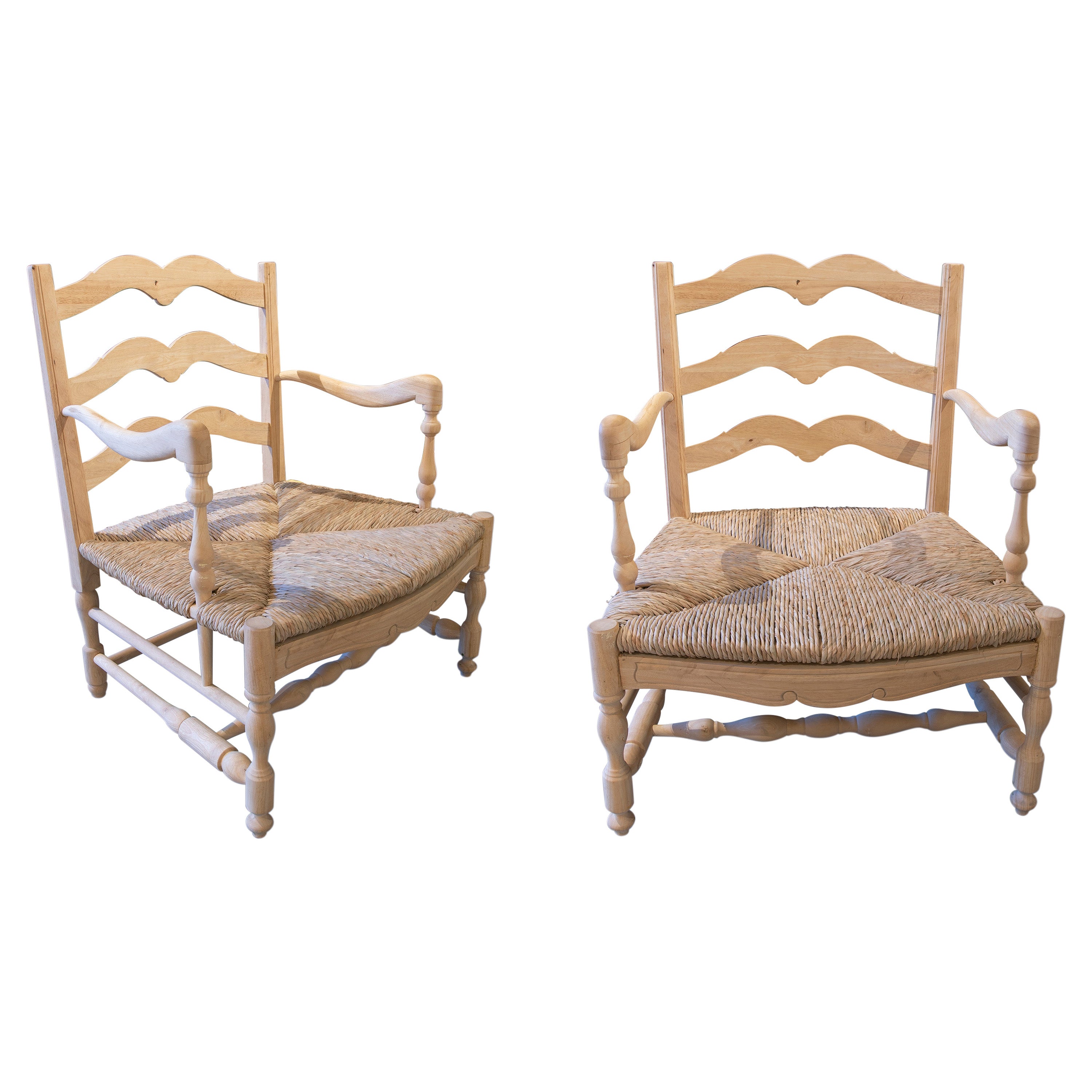 1990s Pair of Spanish Wooden Armchairs w/ Woven Bulrush Seats For Sale