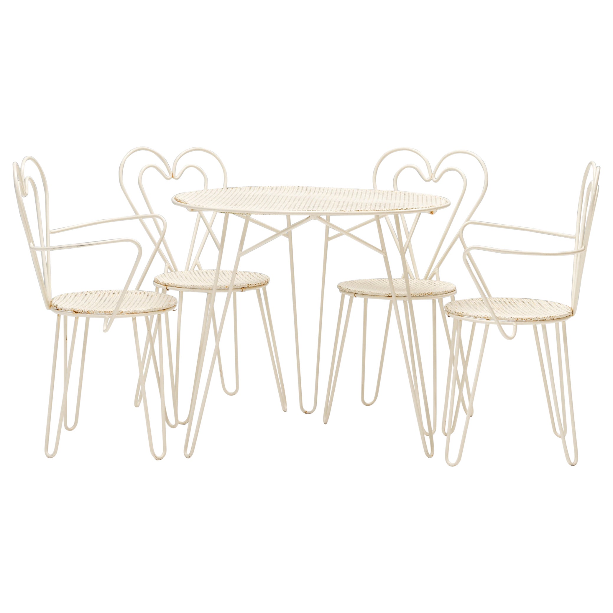 Mathieu Matégot White Metal Garden Table & Heart Chairs, 1950s, Set of 5