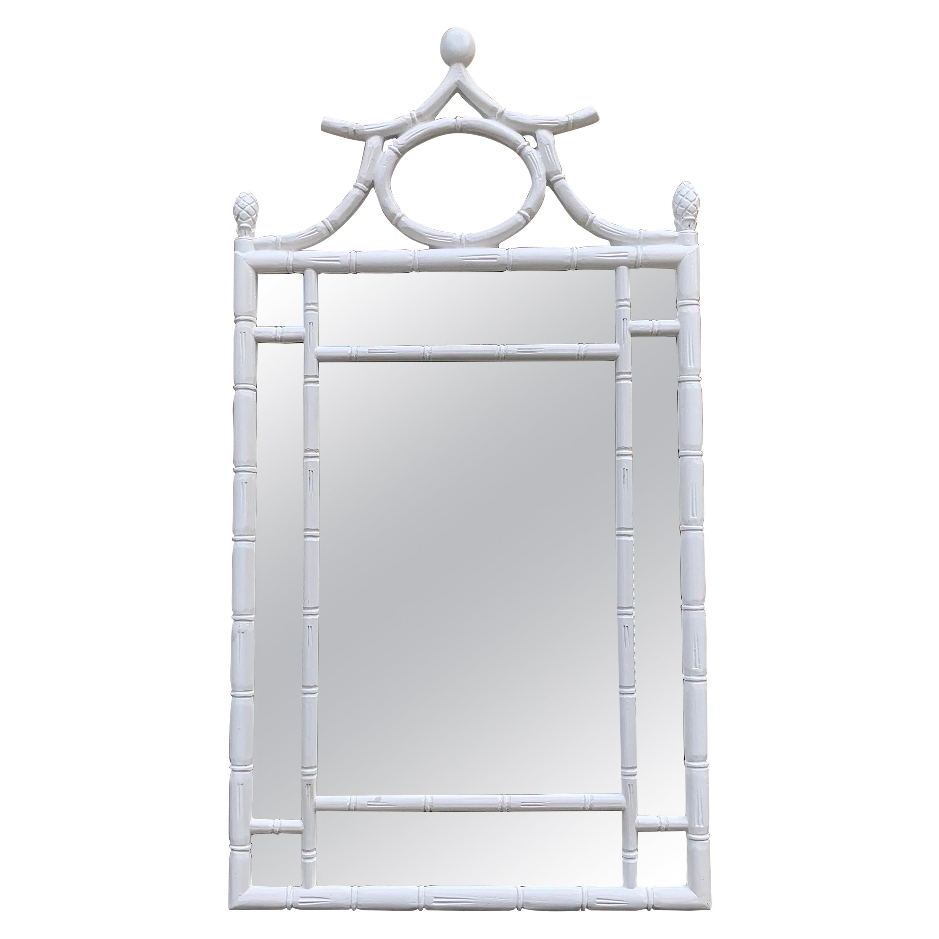 20th Century Faux Bamboo White Lacquer Pagoda Wall Mirror For Sale