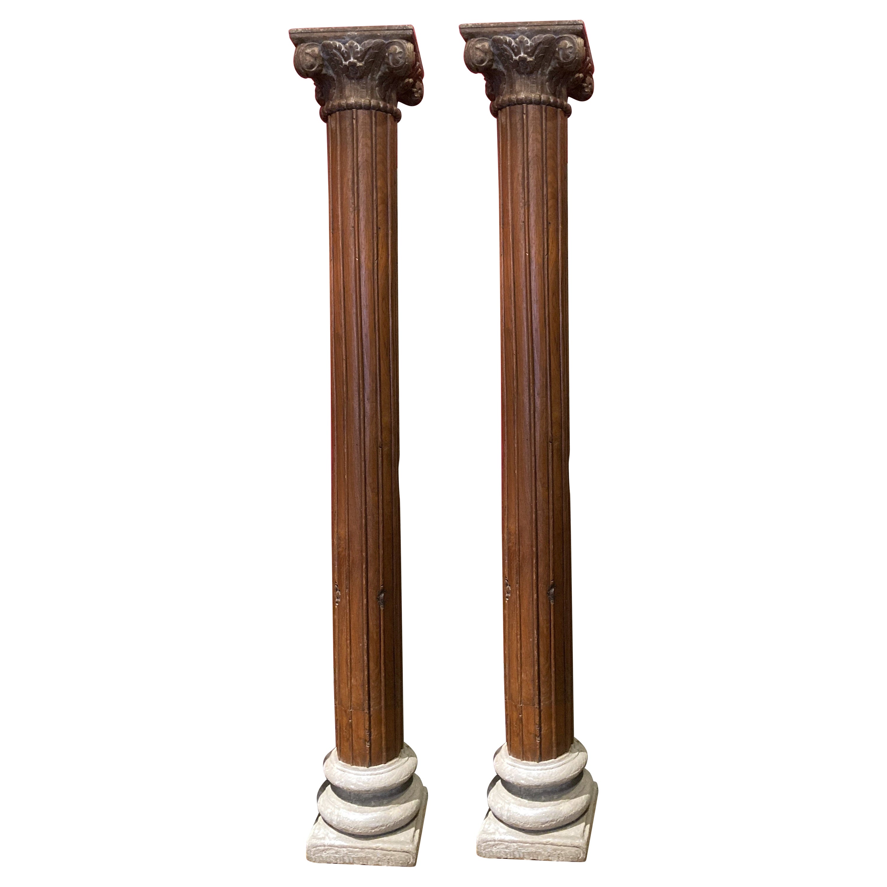 19th Century Italian Architectural Corinthian Wood Columns on Sandstone Plinths For Sale