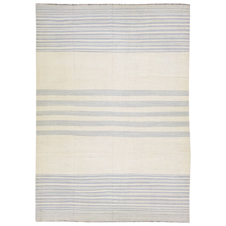 Modern Kilim Beige and Grey Flat-Weave Wool Rug with Stripe Motif For ...