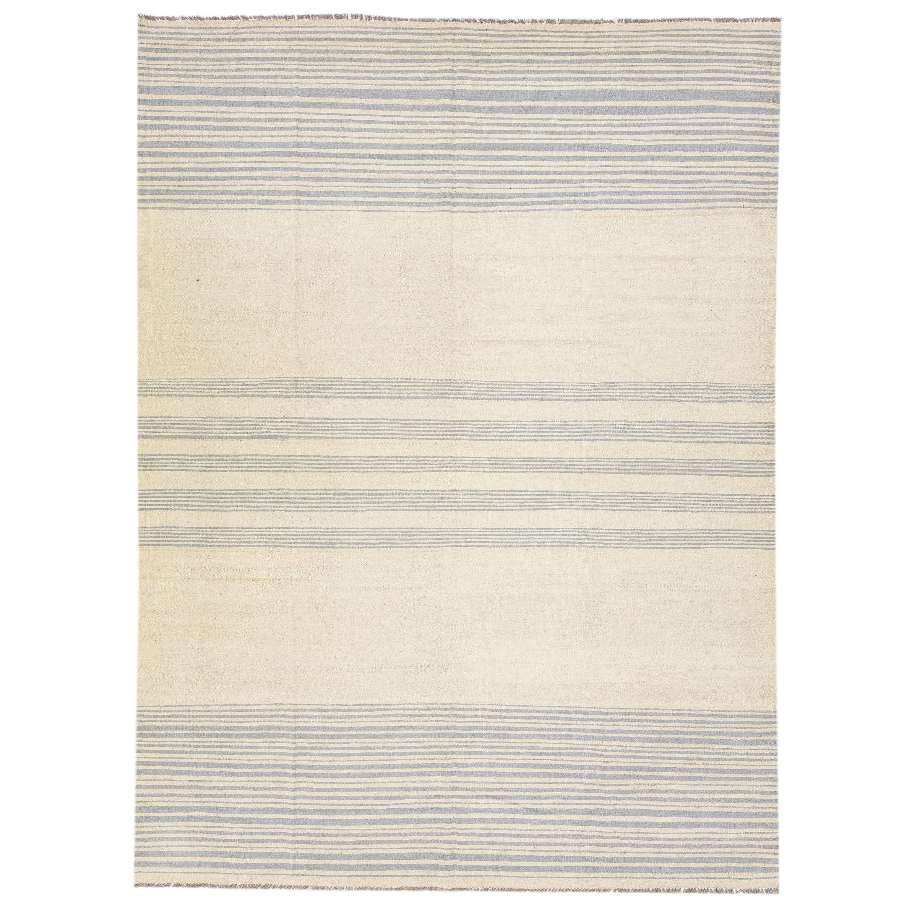 Beige Modern Kilim Flat-Weave Striped Wool Rug For Sale