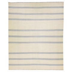 Modern Kilim Flat-Weave Beige Oversize Wool Rug with Stripe Design