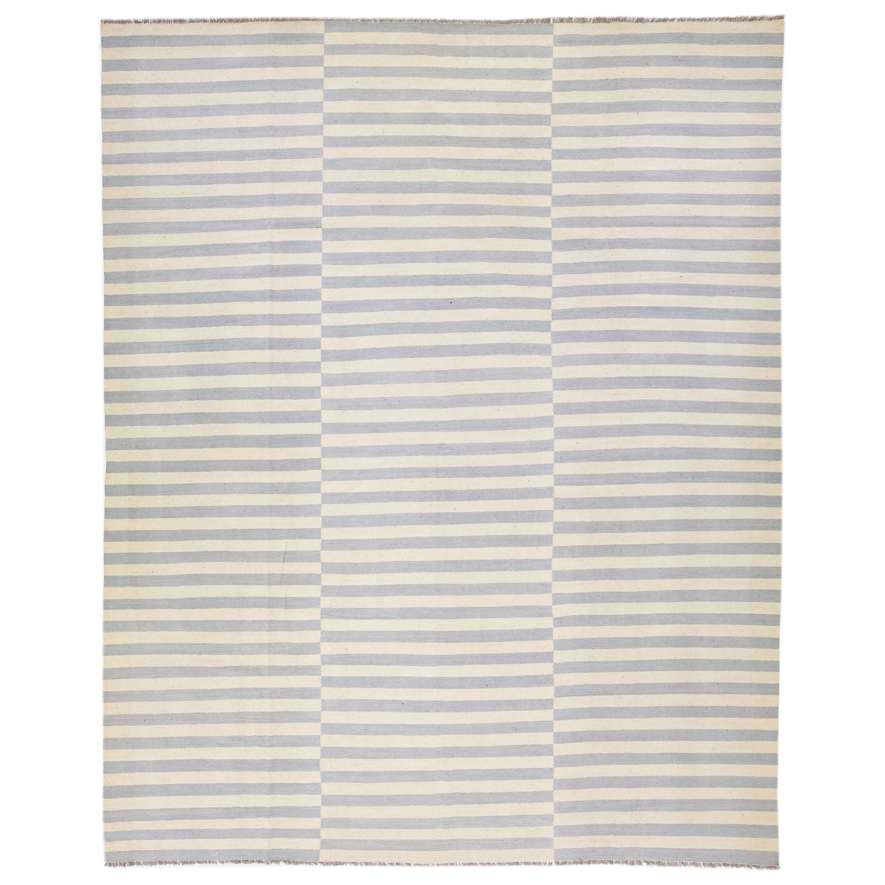 Modern Kilim Beige Flat-Weave Allover Stripe Wool Rug