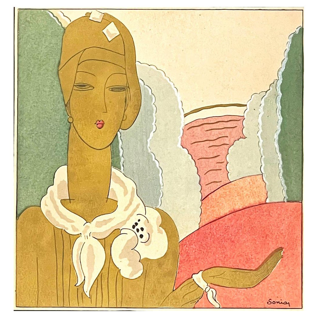„Frau mit Schal“, High-Stil-Art-déco-Illustration im Hochstil in Gold, Grün und Rosa