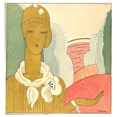 „Frau mit Schal“, High-Stil-Art-déco-Illustration im Hochstil in Gold, Grün und Rosa