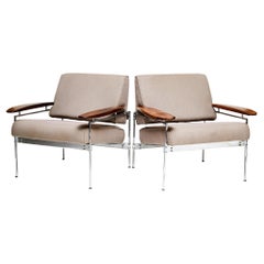 Brazilian Modern Armchairs in Chrome, Hardwood & Beige Fabric. Sergio Rodrigues